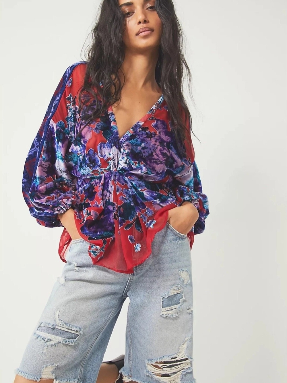Free People Red and Purple Floral Velvet Tie-Front Blouse